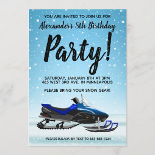 Blue Snowmobile Winter Birthday Party Invitation