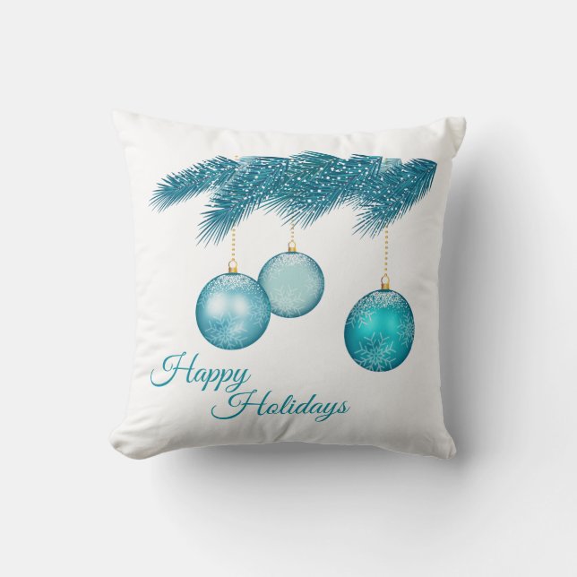 Blue Snowy Christmas Ornaments and Snowflakes Cushion (Front)