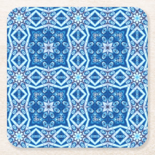 Blue snowy floral square tile pattern paper coaster