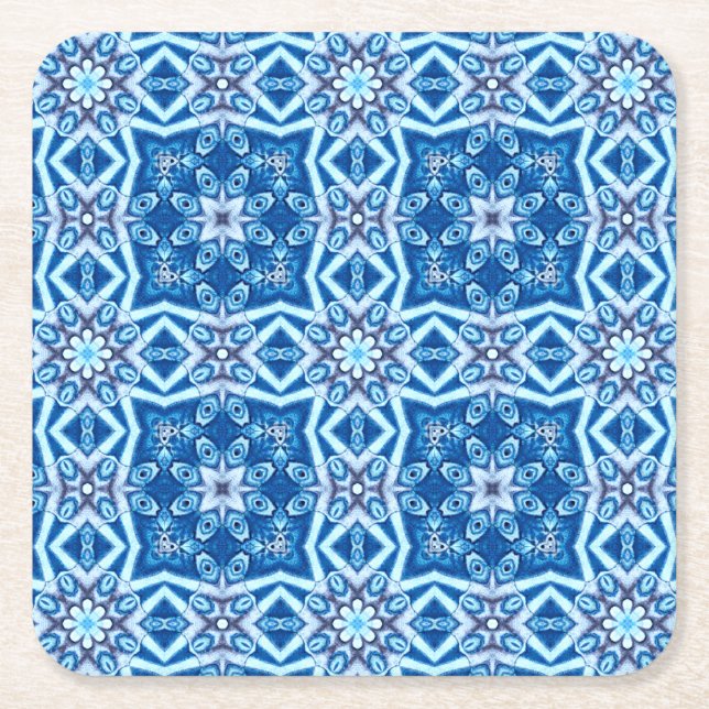 Blue snowy floral square tile pattern paper coaster (Front)