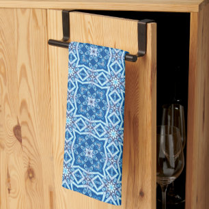 Blue snowy floral square tile pattern tea towel
