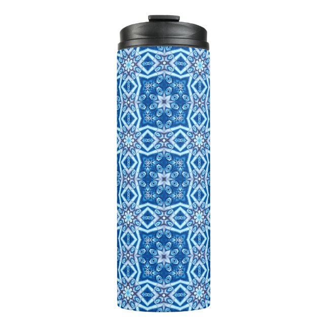 Blue snowy floral square tile pattern thermal tumbler (Front)