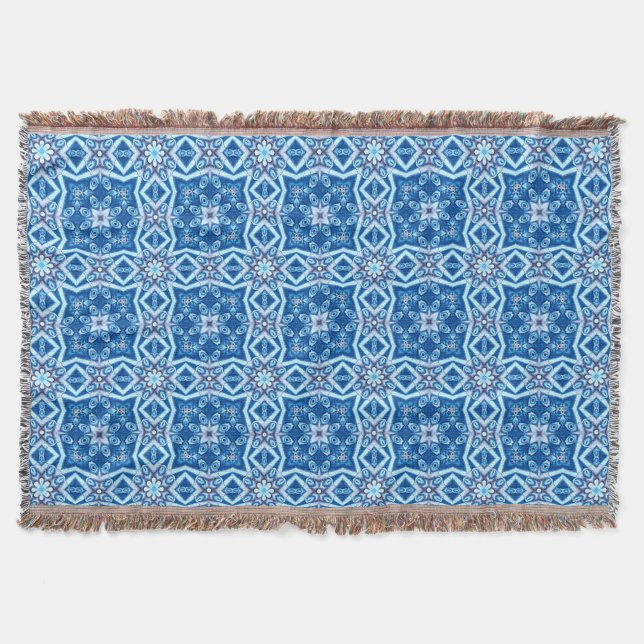 Blue snowy floral square tile pattern throw blanket (Front)