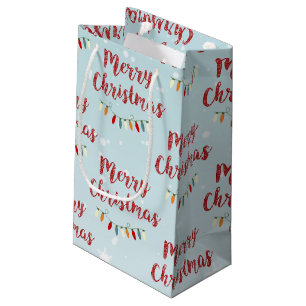 Blue Snowy Merry Christmas Colourful Lights Small Gift Bag