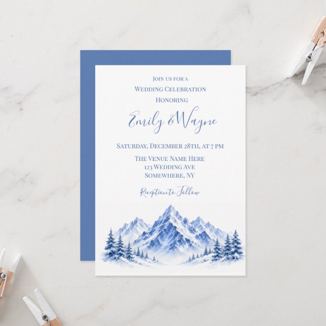 Blue Snowy Mountains Wedding Celebration Invitation (Front/Back In Situ)