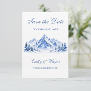 Blue Snowy Mountains Wedding Save the Date Cards