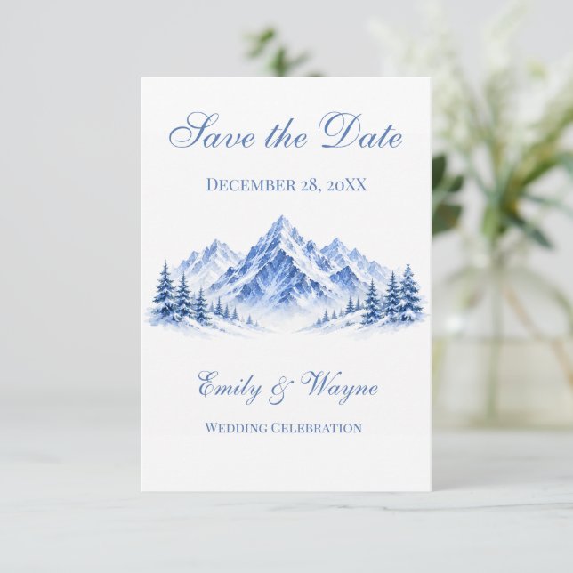 Blue Snowy Mountains Wedding Save the Date Cards (Standing Front)