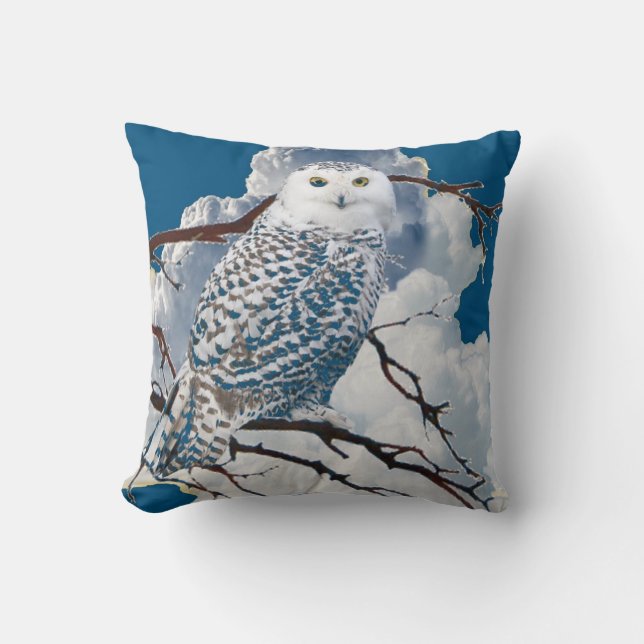 BLUE SNOWY OWL IN TREE ART CUSHION (Front)
