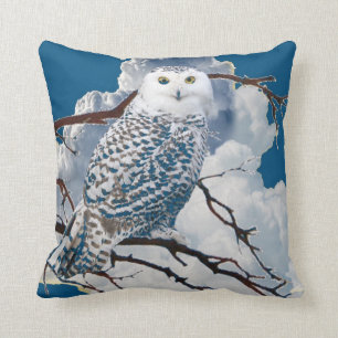BLUE SNOWY OWL IN TREE ART CUSHION