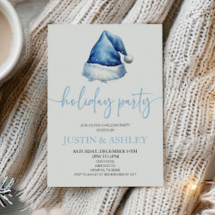 Blue Snowy Santa Hat Christmas Holiday Party Invitation