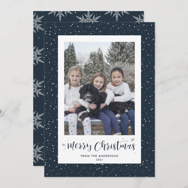 Blue Snowy Snowflake Photo Merry Christmas Cards (Front/Back)