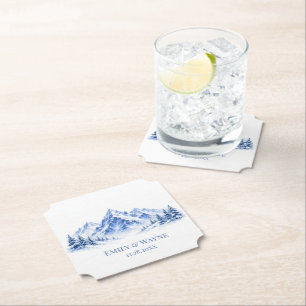 Blue Snowy Watercolor Mountains Wedding Paper Coaster