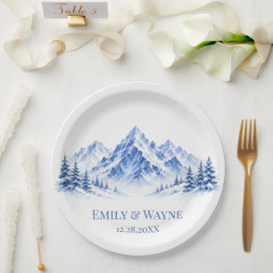 Blue Snowy Watercolor Mountains Wedding Paper Plate