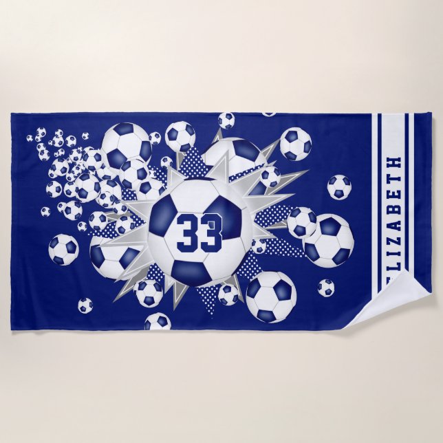 blue soccer ball blowout her name jersey number beach towel (Front)