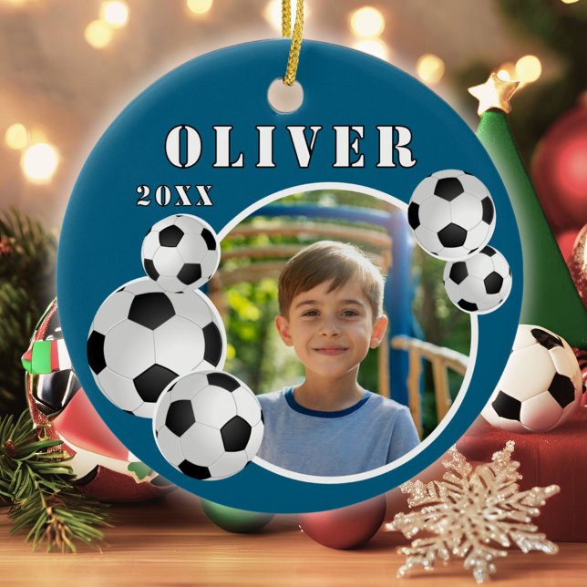 Blue Soccer Ball Football Sports Photo Ceramic Ornament (Creator Uploaded)