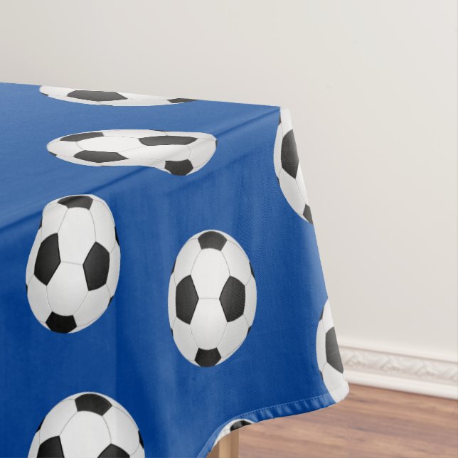 Blue Soccer Balls Kids Birthday Party Tablecloth (In Situ)