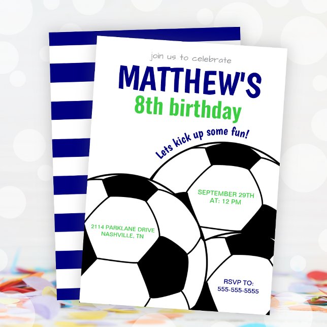 Blue Soccer Birthday Party Invitation (Boys Soccer Birthday Party Invitation)
