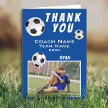 Blue Soccer / Football Sports Thank you Coach Card<br><div class="desc">Blue Soccer / Football Sports Thank you Coach Card. Soccer thank you coach card with photo, thank you text, coach name, team name, year, your name and soccer balls. Inside the card are more soccer balls. Photo thank you card - add your photo into the template. Personalise the card with...</div>