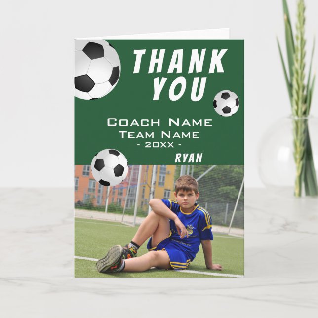 Blue  Soccer Football Thank you Coach Photo Card (Front)