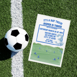 Blue Soccer Hat Trick, 3rd Birthday Invitation