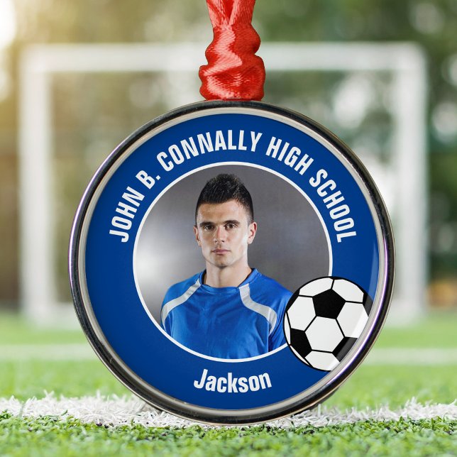 Blue Soccer Player Photo High School Christmas Metal Ornament (Creator Uploaded)