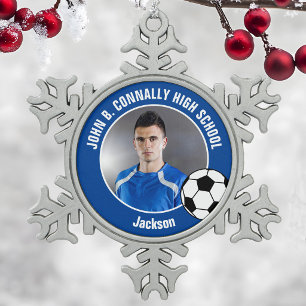 Blue Soccer Player Photo High School Spirit Snowflake Pewter Christmas Ornament