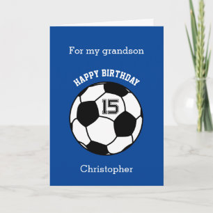 Blue Soccer Sport 15th Birthday Grandson Card