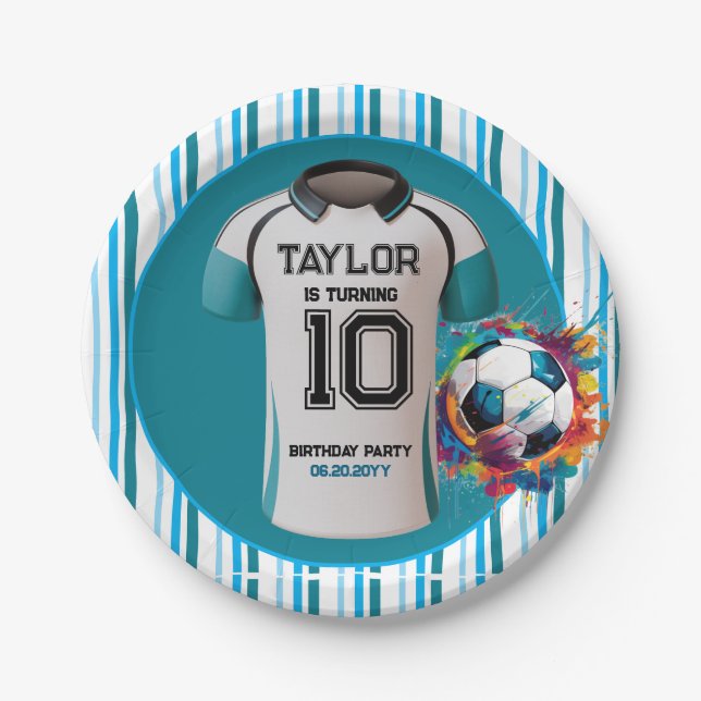  blue soccer Sports Boy Jersey Kids Birthday Party Paper Plate (Front)