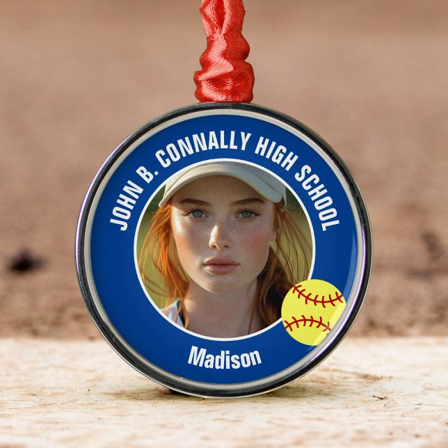 Blue Softball Player Photo High School Christmas Metal Ornament (Creator Uploaded)