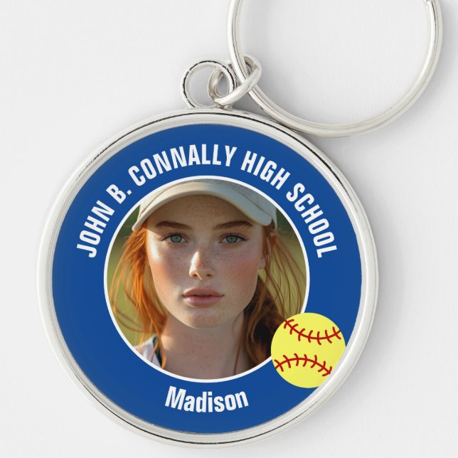 Blue Softball Player Photo High School Keepsake Key Ring (Front)