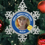 Blue Softball Player Photo High School Keepsake Snowflake Pewter Christmas Ornament<br><div class="desc">This cool customized high school softball player photo gift features white typography of your team and player name on a snowflake Christmas ornament with a ball on a blue background. Personalize with your student's photograph and class year as a proud sports parent.</div>