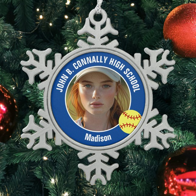 Blue Softball Player Photo High School Keepsake Snowflake Pewter Christmas Ornament (Creator Uploaded)