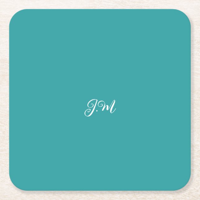 Blue solid colour trendy pastel initials name square paper coaster (Front)