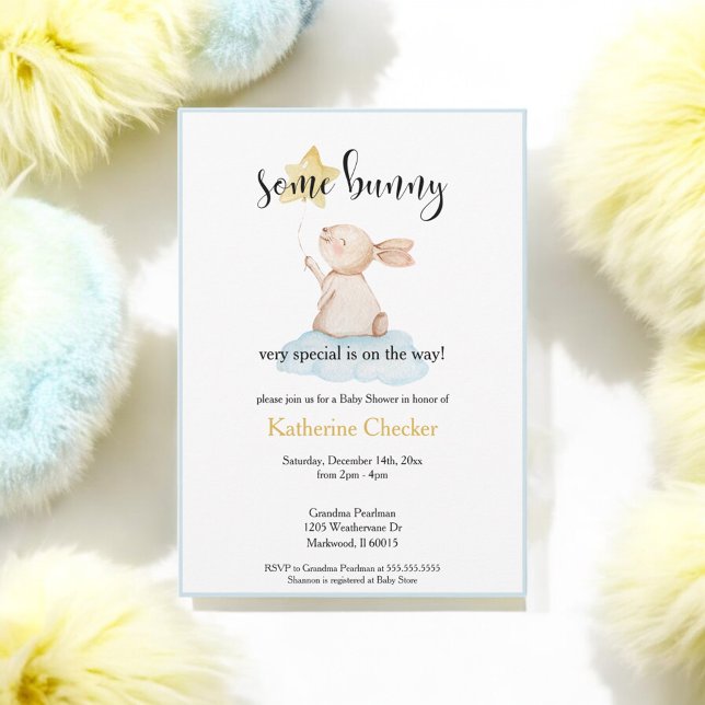 Blue Some Bunny Yellow Star Balloon Baby Shower Invitation (Creator Uploaded)