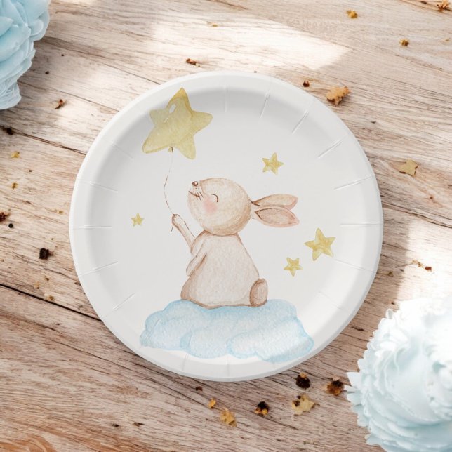 Blue Some Bunny Yellow Star Balloon Baby Shower  Paper Plate (Creator Uploaded)
