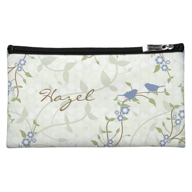 Blue Song Birds Flowers Floral Personalised Makeup Bag (Front)