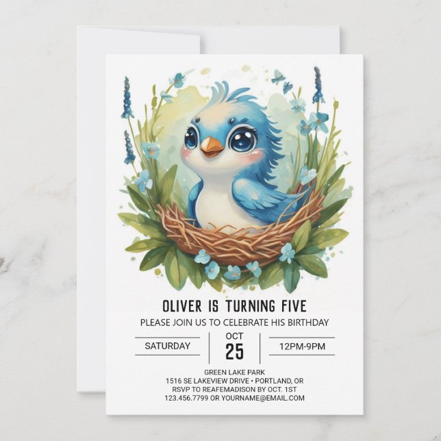 Blue Songbird Into the Woods Bird Birthday Invitation (Front)