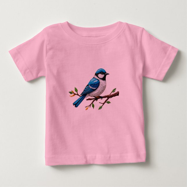 Blue Songbird on Branch Illustration Baby T-Shirt (Front)