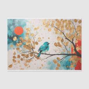 Blue Songbird On Golden Leaves Tree Branch Tissue Paper