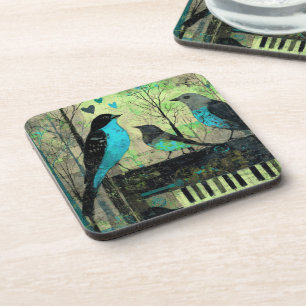 Blue Songbirds Perched On Vintage Piano Coaster