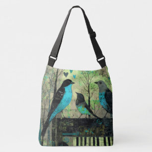 Blue Songbirds Perched On Vintage Piano Crossbody Bag