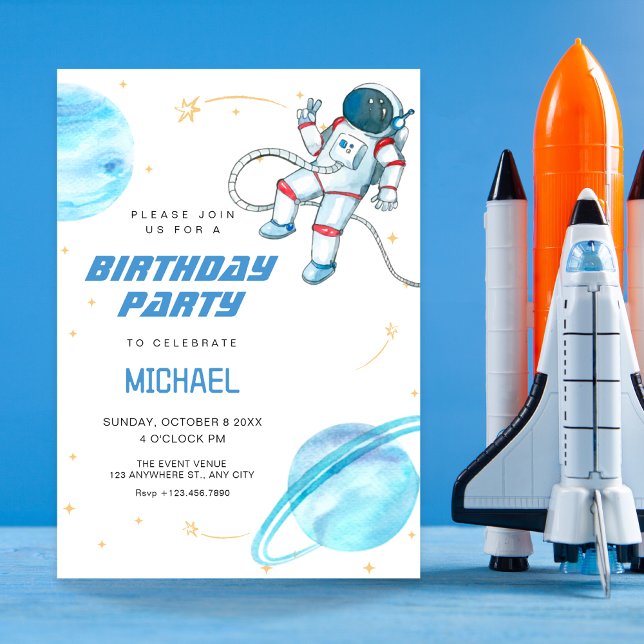 Blue space astronaut birthday  invitation (Creator Uploaded)