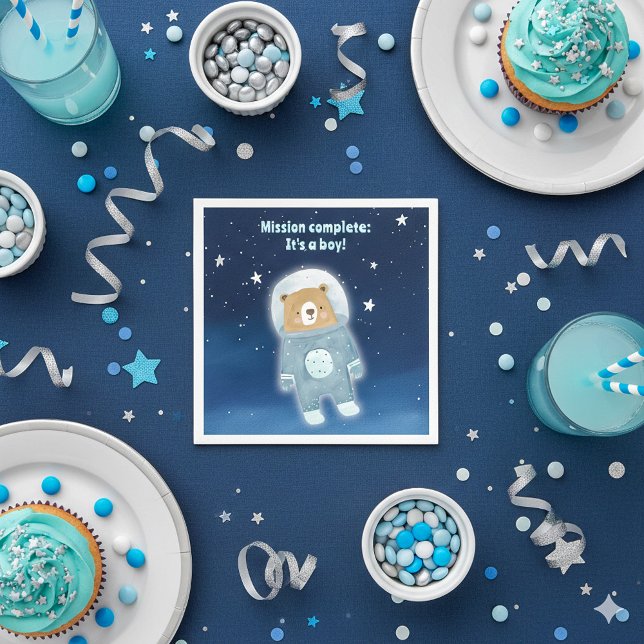 Blue Space Bear Mission Complete Starry Sky Napkin (Blue it's a boy space teddy bear astronaut baby shower gender reveal party napkin.)