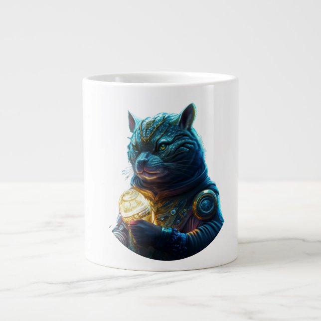 Blue Space Cat Astronaut Holds Glowing Module Large Coffee Mug (Front)