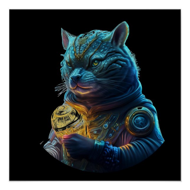 Blue Space Cat Astronaut Holds Glowing Module Poster (Front)