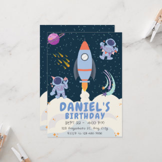 Blue Space & Rockets Birthday Invitation