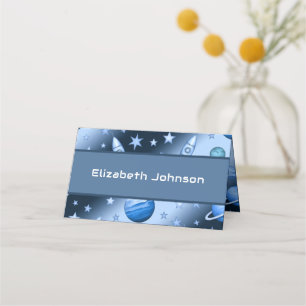 Blue Space Theme Astronaut Rockets Kids Birthday Place Card