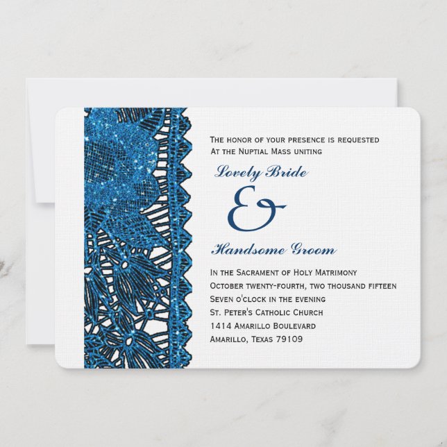 Blue Spangled Lace Catholic Wedding Invitation (Front)