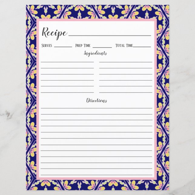 Blue Spanish Mediterranean Tile Recipe Binder Page (Front)