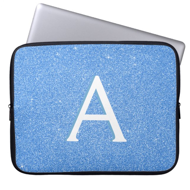 Blue Sparkle and Glitter Monogram Laptop Sleeve (Front)